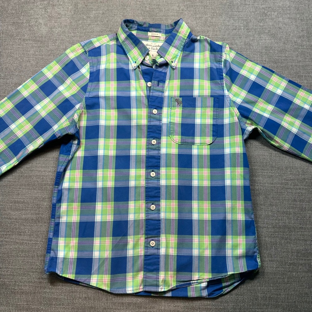 Abercrombie‎ & Fitch Button Down Mens Large Blue Green Plaid  Muscle Fit